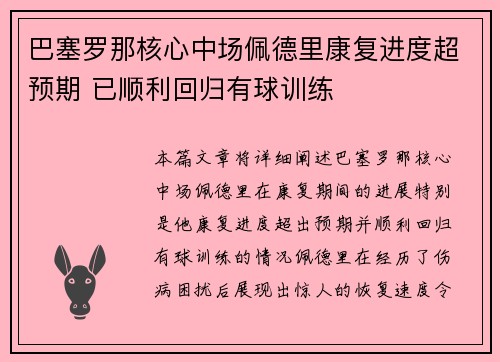 巴塞罗那核心中场佩德里康复进度超预期 已顺利回归有球训练