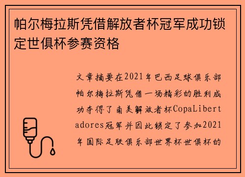 帕尔梅拉斯凭借解放者杯冠军成功锁定世俱杯参赛资格