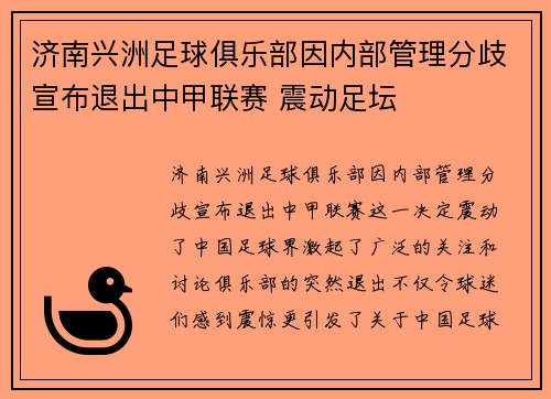 济南兴洲足球俱乐部因内部管理分歧宣布退出中甲联赛 震动足坛 济南兴洲足球俱乐部因内部管理分歧宣布退出中甲联赛 震动足坛