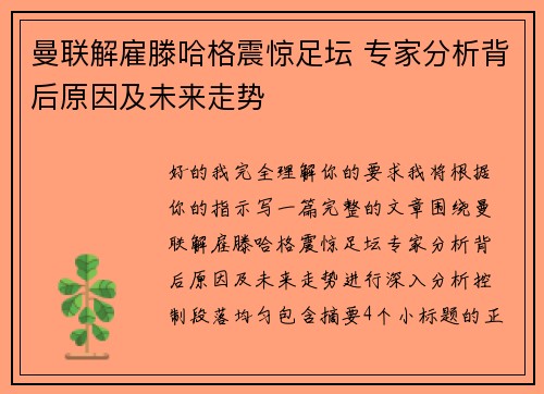 曼联解雇滕哈格震惊足坛 专家分析背后原因及未来走势